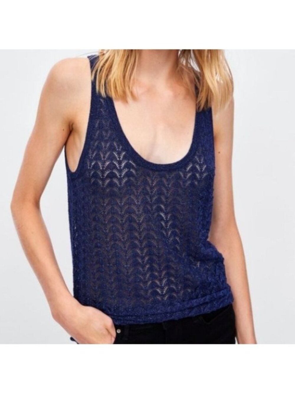 Zara Midnight Blue Metallic Knit Sheer Tank Top